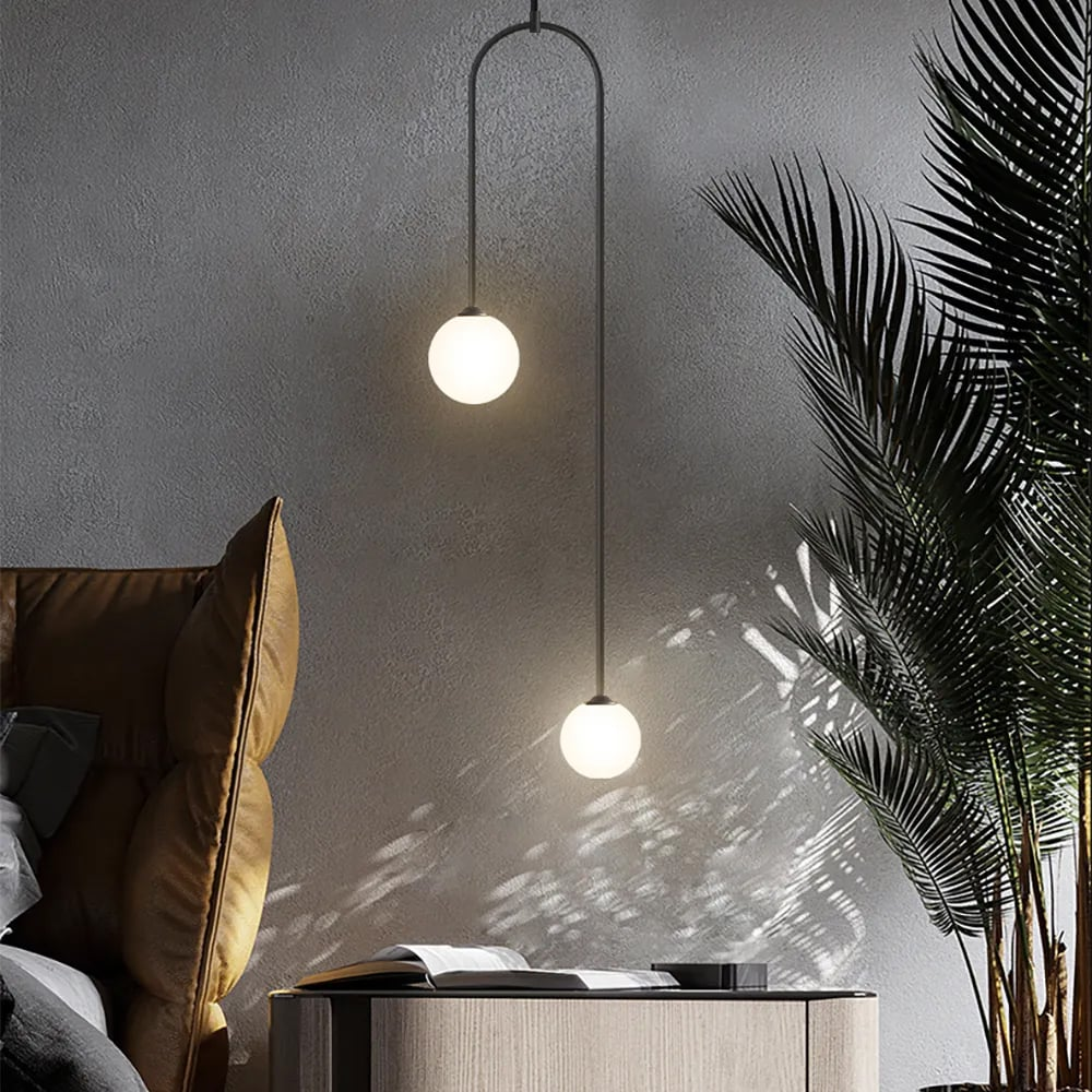 Moderne Hanglamp Glazen Bol 2-Licht U-vormig in Zwart voor Woonkamer en Slaapkamer